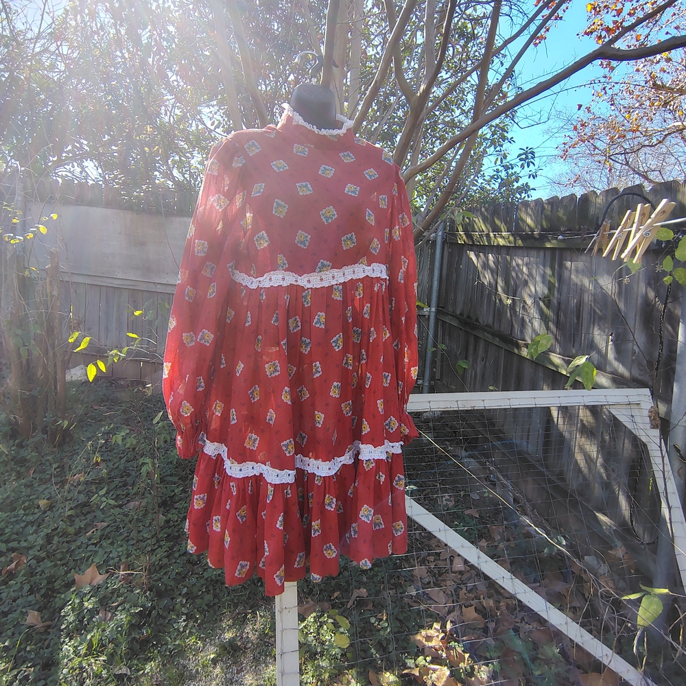 Red Floral Long Sleeve Dress with Lace Trim - Picture 2 of 5